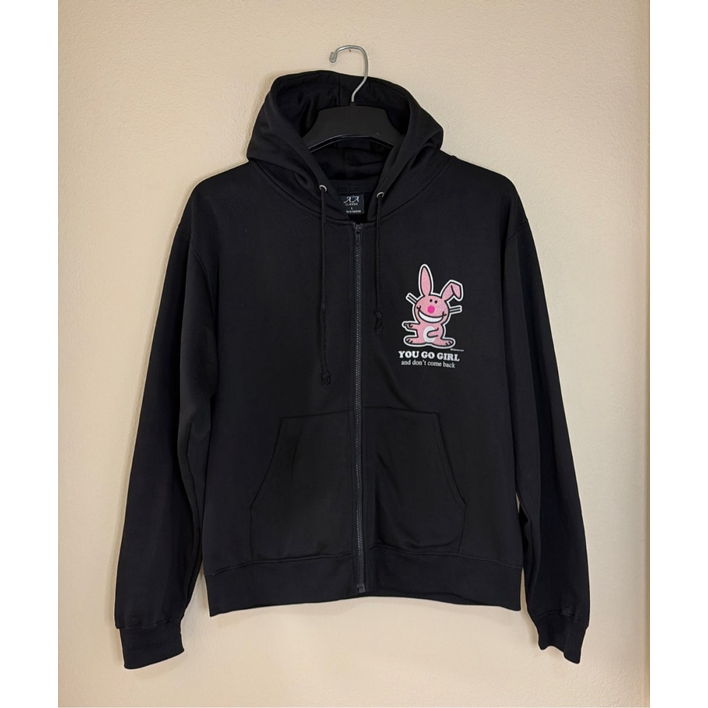 Y2K Vintage Pink Glitter It's Happy Bunny Zip Up Hoodie Sweatshirt Jim Benton